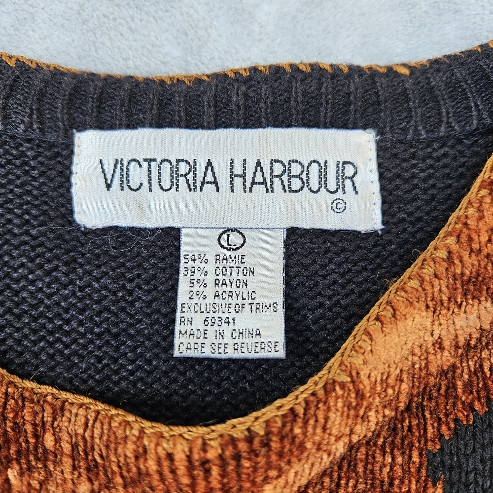 Vtg Victoria Harbour Animal Patchwork Sweater in Black and Burnt Orange Wmns L - Picture 5 of 12